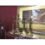Three pairs and a single brass three sconce candlestick