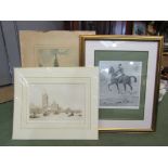 Two prints and an unframed etching of Houses of Parliament, prints depicting the Monument,
