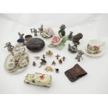 A box of miniatures including tea sets, model cars, cloisonne lidded pot etc.