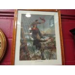 A shipwreck print titled "An answered signal" in maple frame,