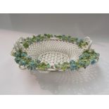 A Victorian porcelain lattice basket decorated with forget-me-nots, 22cm long,