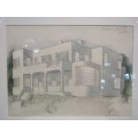 A pencil and watercolour depicting the Art Deco House "Curly Hill", by architect Arthur Sykes,