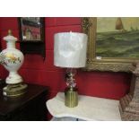 A pair of brushed bronze based, double clear gourd column table lamps with shades,