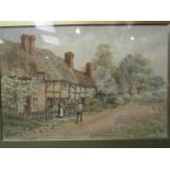 A watercolour depicting a row of thatched cottages, with people conversing, unsigned,