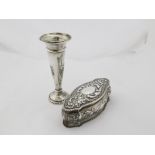 An Art Nouveau silver vase together with a silver embossed trinket box (2)