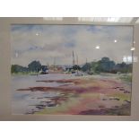 A framed and glazed watercolour of river scene with boats in the distance. Signed A.R.