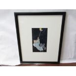 A print depicting 'Tin-Tin' and dog climbing up boat to porthole, framed and glazed,