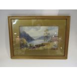A watercolour depicting mountainous water landscape, unsigned, framed and glazed,
