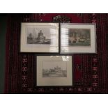 A small collection of antique prints and engravings including hand coloured engraving 'Defeat of