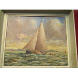 An oil on board depicting sailing yacht on choppy waters, indistinctly signed lower right, framed,