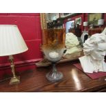 A pair of large crackle glass candle lamps on circular pedestal base,