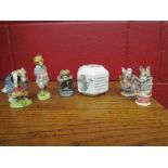 Five Royal Albert Beatrix Potter figures including "Appley Dapply", "Foxy Whiskered Gentleman",