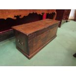 A 19th Century oak coffer, brass swan neck carry handles, plinth base.