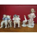 Four Lladro figures, goose, boy and girl in rocking chairs with their toys,