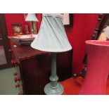A pair of green/blue table lamps with pleated shades