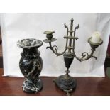 A slate/brass twin arm candelabra and a black and white veined marble baluster vase (2)