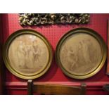 A pair of tinted circular prints depicting figural scenes, information verso, gilt frames,