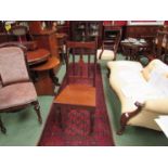 A Victorian mahogany hall chair with inlaid back and central panel,