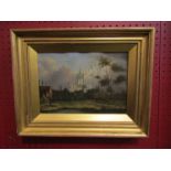 PATRICK NASMYTH: Oil on canvas depicting church, houses and two figures on a pathway,