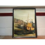 NORTH '79: Oil on canvas board of fishing boats in harbour, framed,