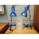 An Ikea Grono glass table lamp together with a pair of Ikea Morker retro blue lamps