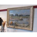 FRANK FORWARD (1901-1974): An oil on canvas "Wolseley Bridge" depicting rowing boat beside bend in