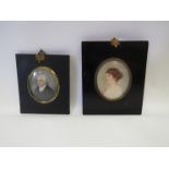 A pair of 19th Century portrait miniatures on ivory of lady and gentleman in ebonised frames,