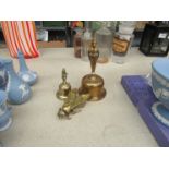 A brass fly and two figural design bells