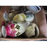 Two boxes containing assorted china figures, vases,