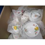 A box of mixed crockery including Crown and Royal Albert "Lady Carlyle" cups and saucers,