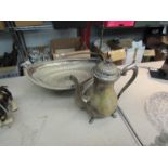 A silver plated dish and teapot