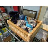 A basket containing Ironstone jugs, ginger jars, blue glazed porcelain birds and vase etc,