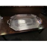 A Walker and Hall silver plated drinks tray of large proportions with all-over bright cut engraving