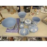 A selection of Wedgwood blue and white Jasperware including vase, bowl,