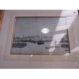 A Lowry print of boats on a river, framed and glazed,