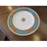 A set of three 19th Century cabinet plates, pale blue border, enriched with gilt,