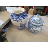 A blue and white Dutch vase and lidded ginger jar (2)