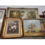 Four gilt framed oils including landscape,