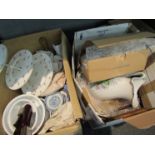 Two boxes of china ware including cake stand and wash bowl and jug