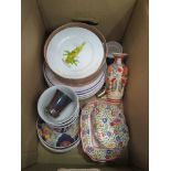 A box of miscellaneous including plates, satsuma vase,