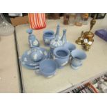 A selection of Wedgwood blue and white Jasperware including vases, urns, lidded pot,