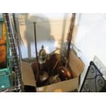 A quantity of copper and brass including hunting horns, trays,