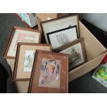 A box of pictures and prints including a lion in a tree by L. Peckham circa 1978, M.