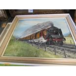 A pair of naïve oils on board depicting steam trains, framed,