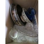 A cake stand, blue jug, serving dishes and etched jugs etc.