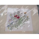 MAZ JACKSON: A watercolour depicting various flowers, mounted, signed,