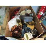 A box containing assorted items including glass jug and bowl, vintage linen, jelly mould,