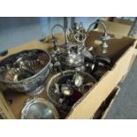 A quantity of silver plated and metalwares including three piece tea set and antler cutlery
