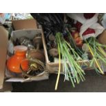 Three boxes containing various items including china jugs, assorted oil/gas lamps,
