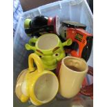 Two boxes of novelty mugs including Homer, Shrek, Goofy,